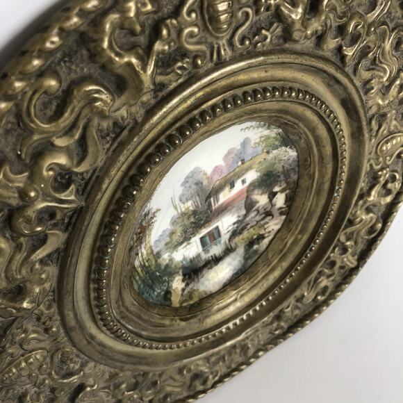 Antique Embossed Brass Frame Hand Painted Miniature Landscape Decor 12" Dia - Picture 4 of 12